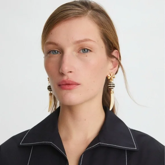 Tory Burch Roxanne Horn Drop Earrings - Rolled Tory Gold / Navy Multi - Picture 1 of 3